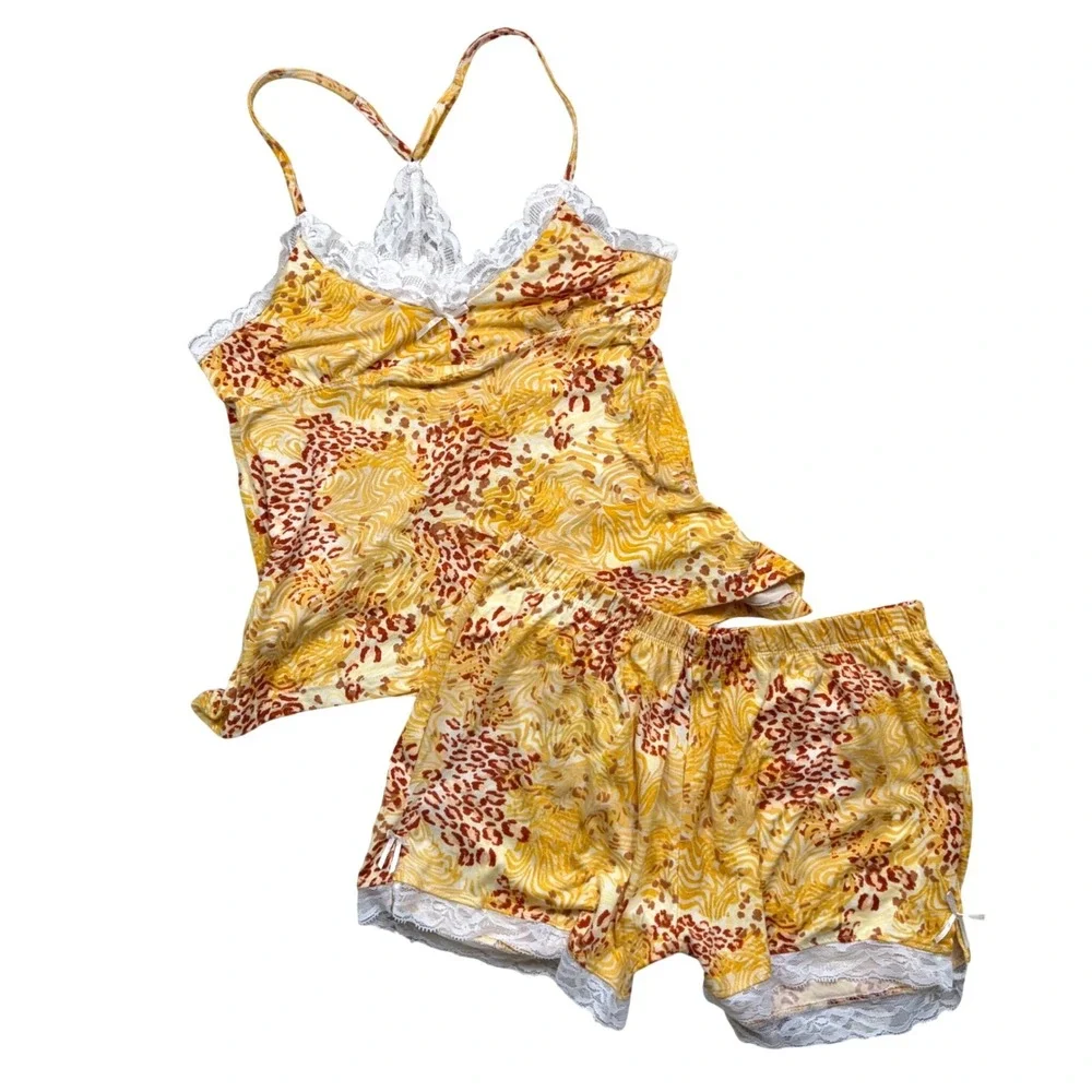 Y2K Yellow Animal Print Lace Trim Pajama Cami Shorts Set S